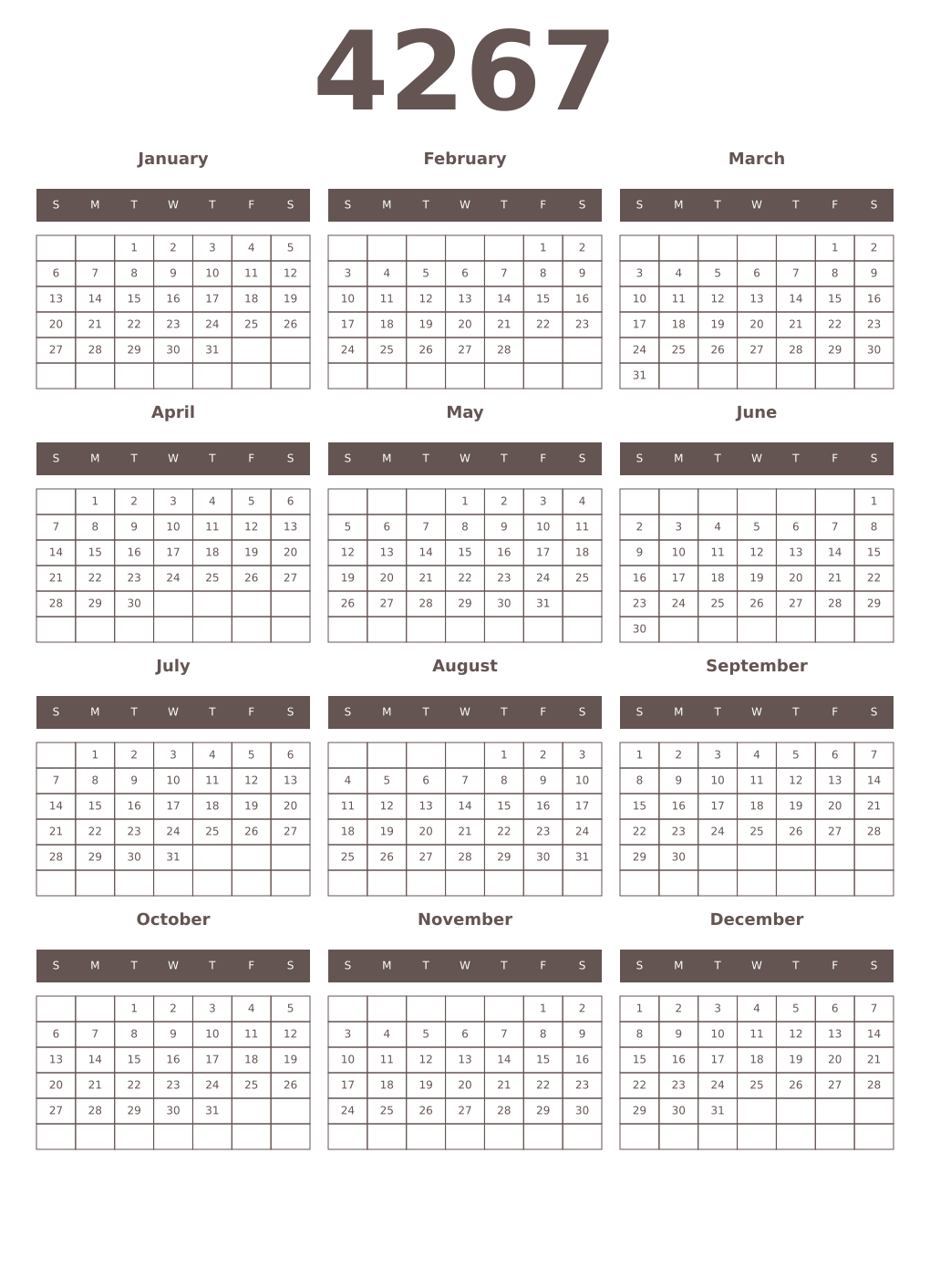 Printable 4267 Year Calendars wenge