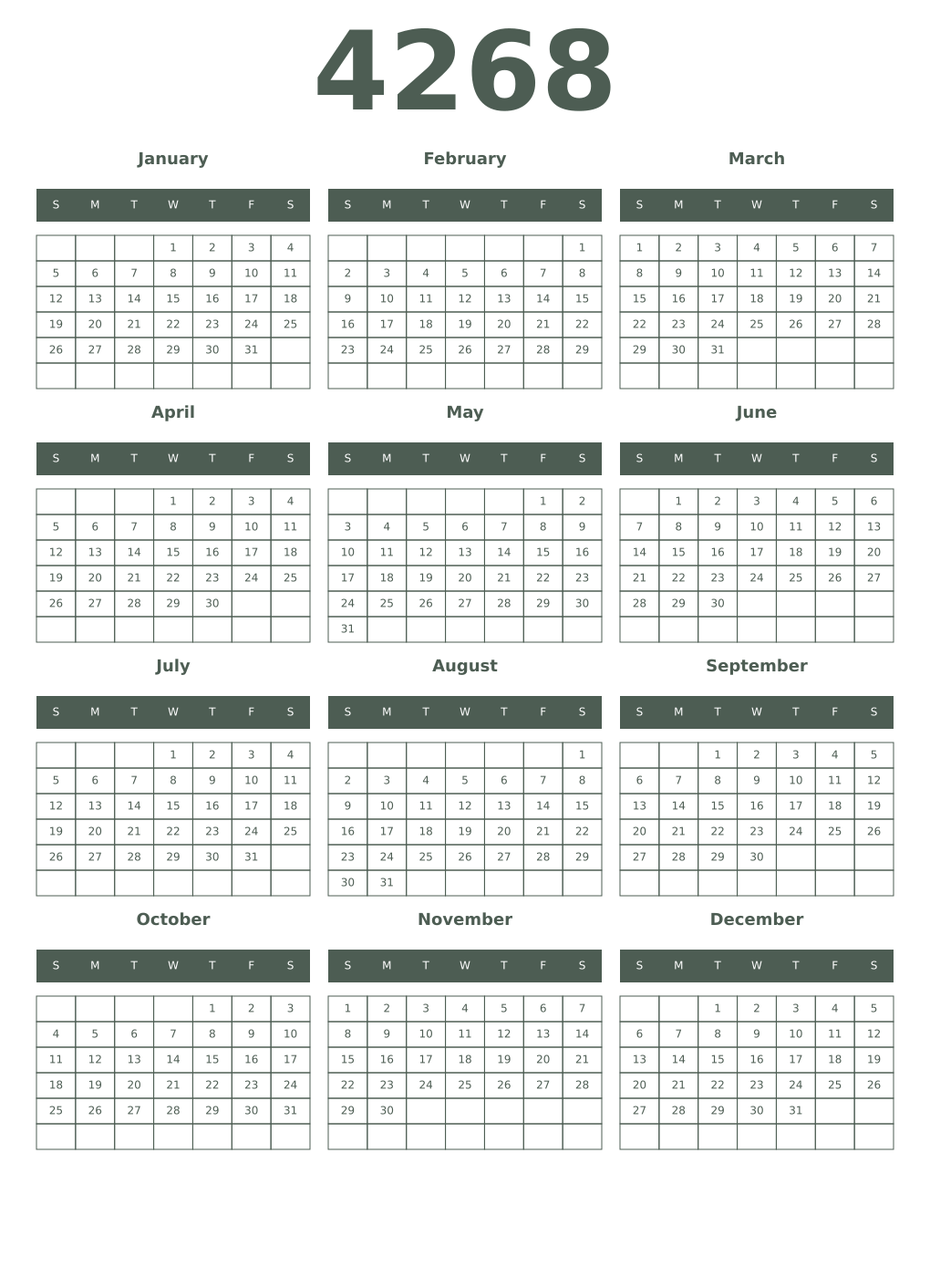 Printable 4268 Year Calendars feldgrau