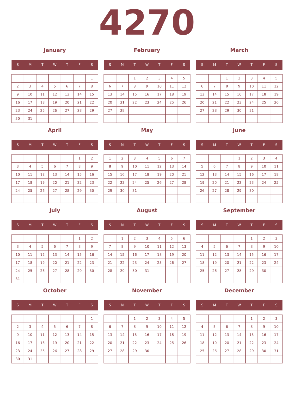 Printable 4270 Year Calendars cordovan
