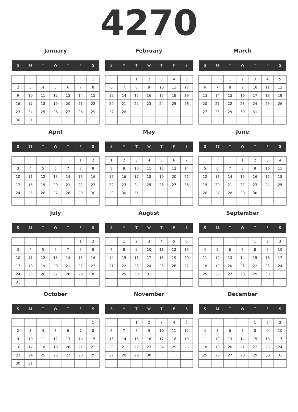 Printable 4270 Year Calendars dark