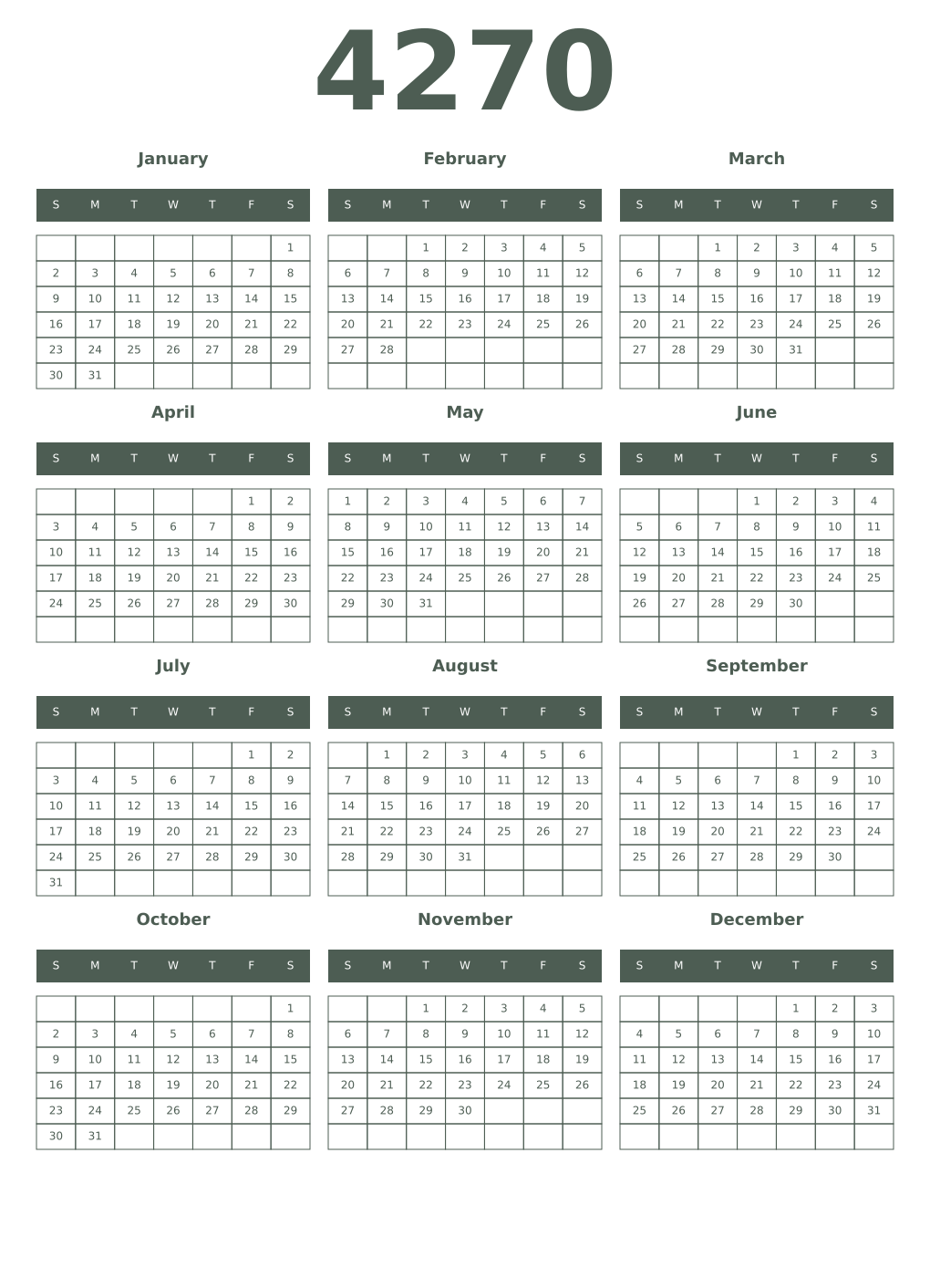 Printable 4270 Year Calendars feldgrau