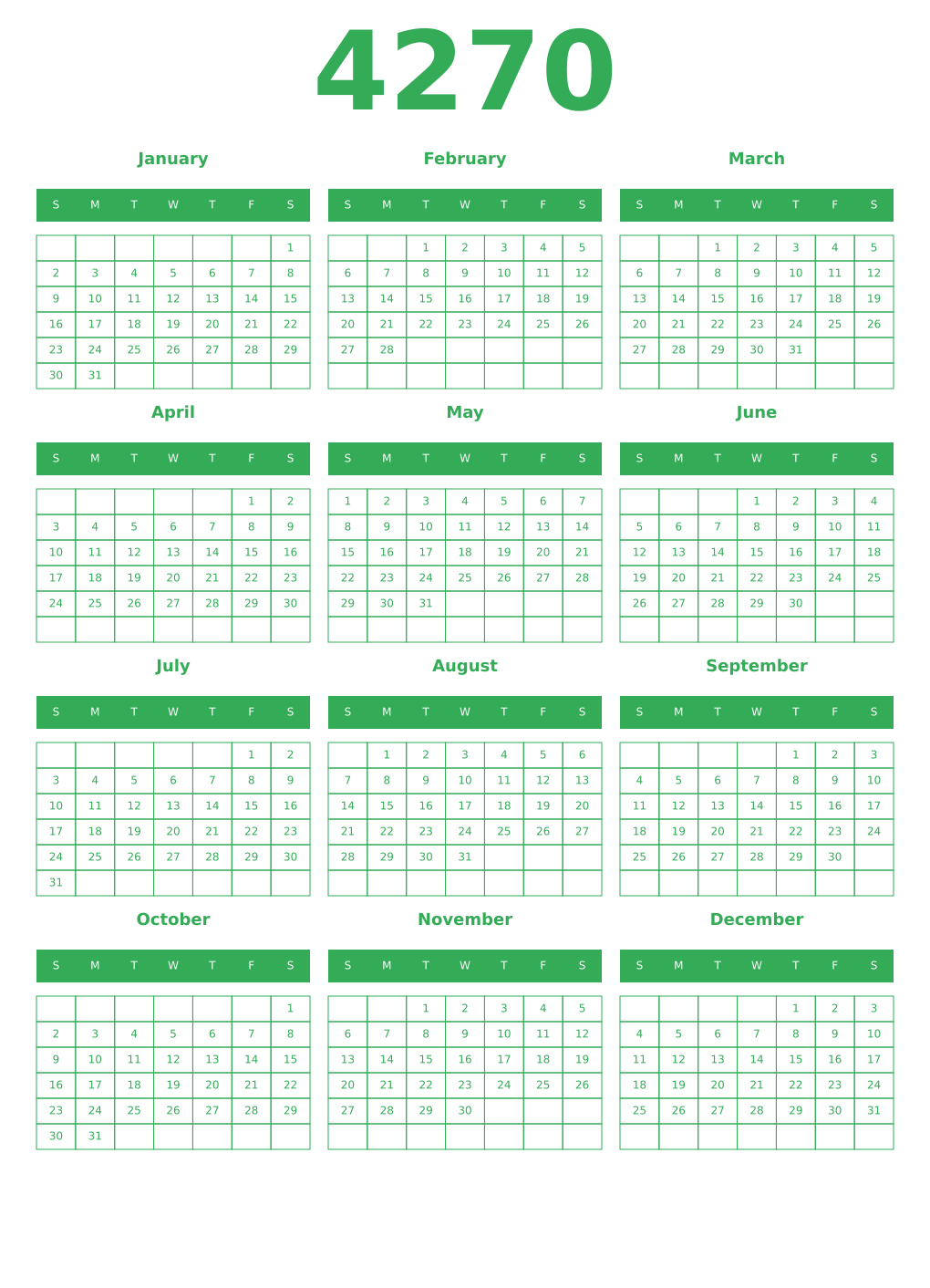 Printable 4270 Year Calendars green