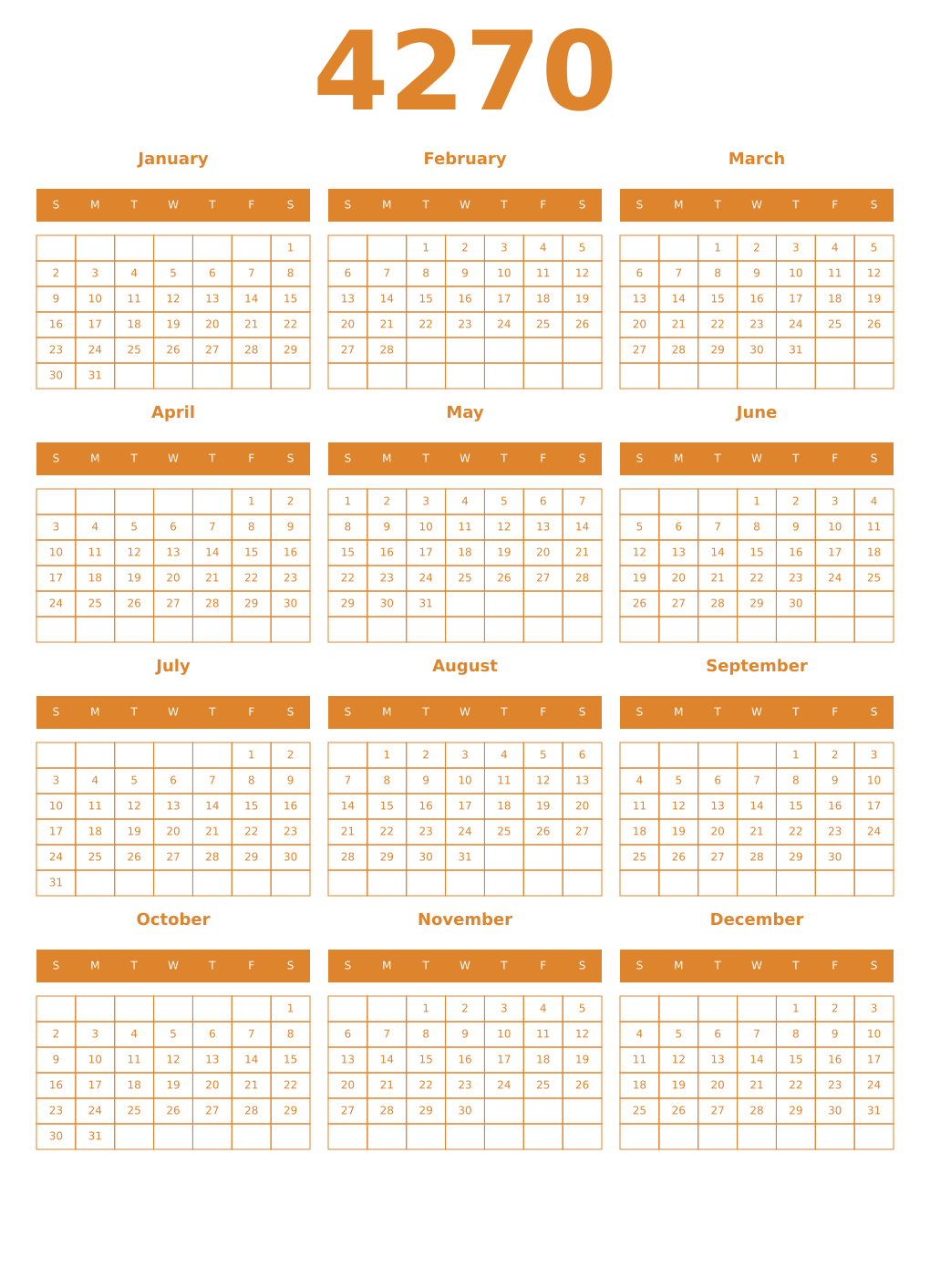 Printable 4270 Year Calendars orange