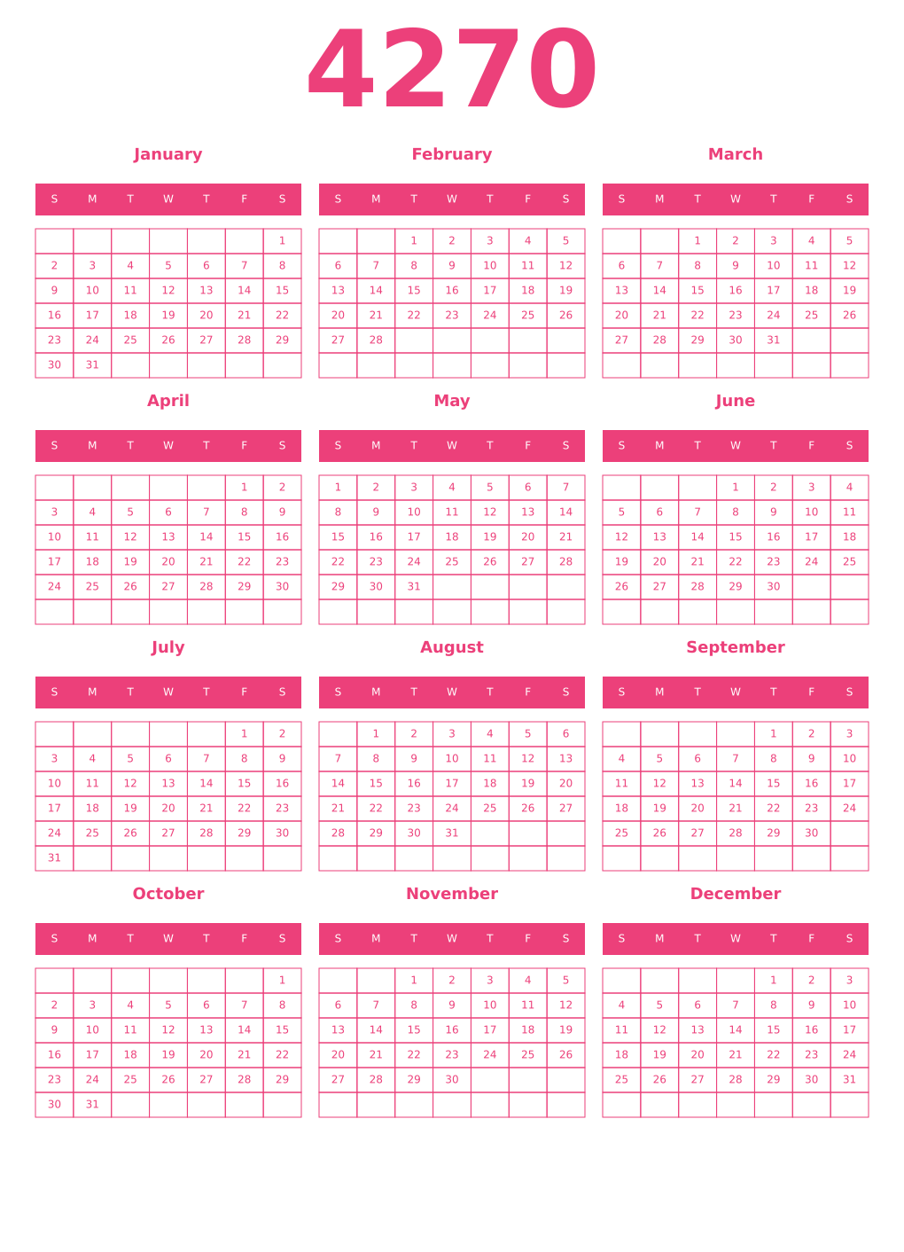 Printable 4270 Year Calendars pink