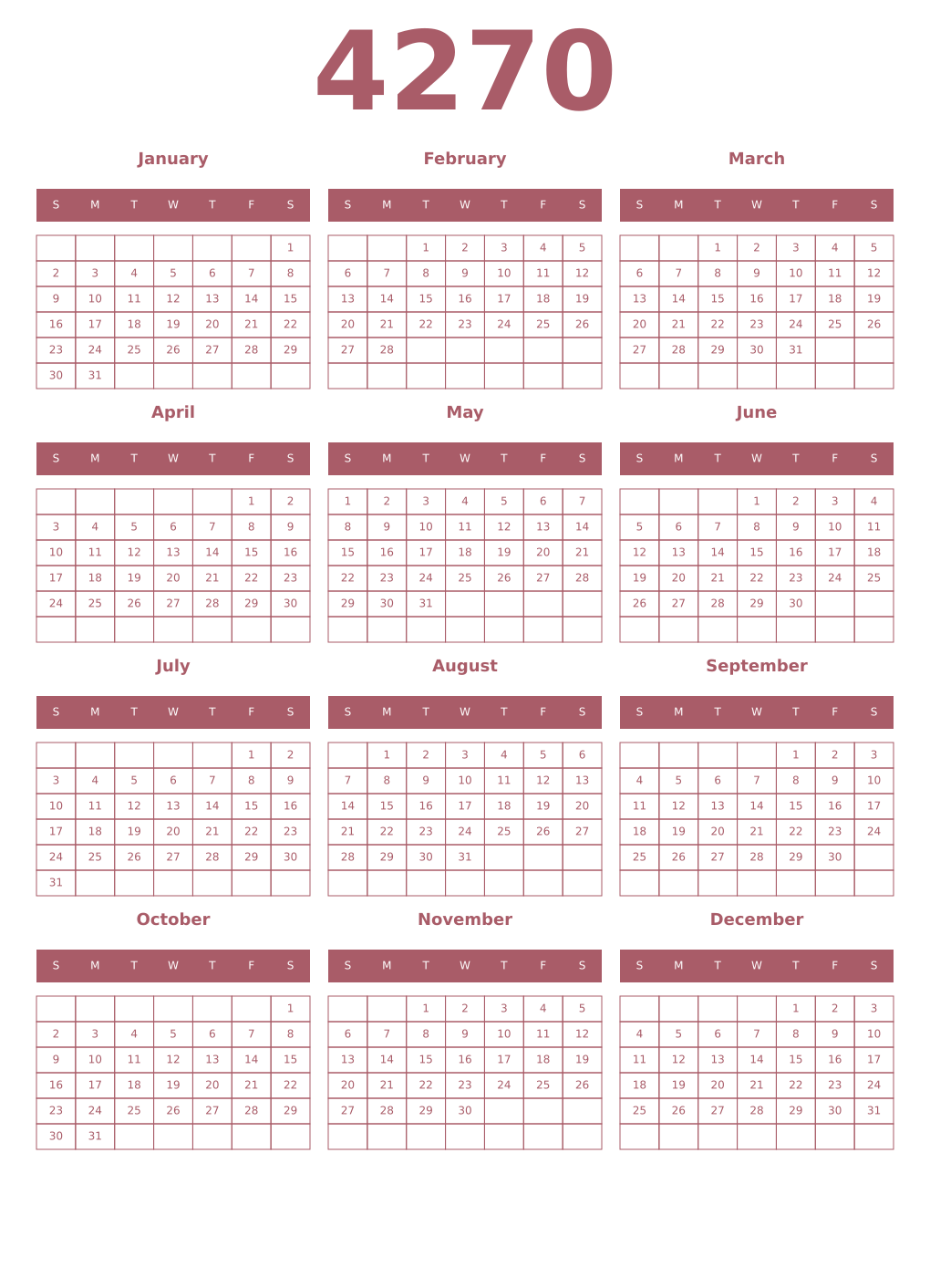 Printable 4270 Year Calendars puce