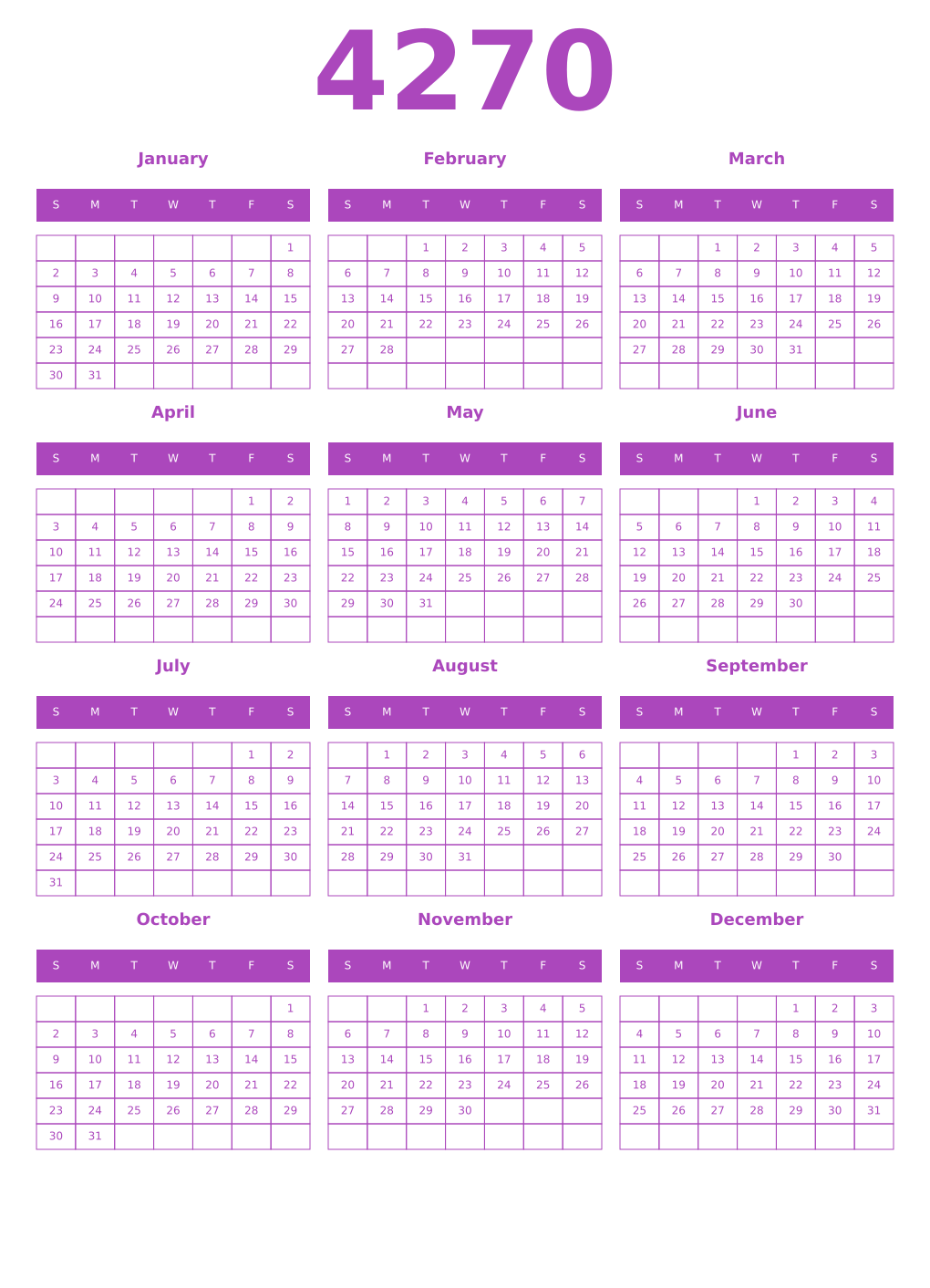 Printable 4270 Year Calendars purple