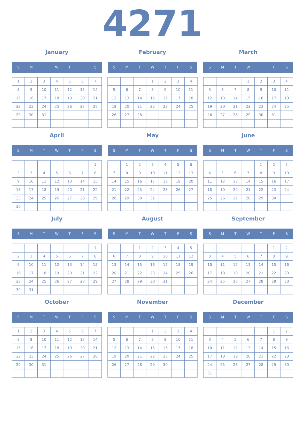 Printable 4271 Year Calendars glaucous