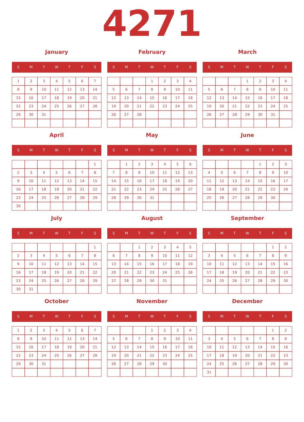 Printable 4271 Year Calendars red