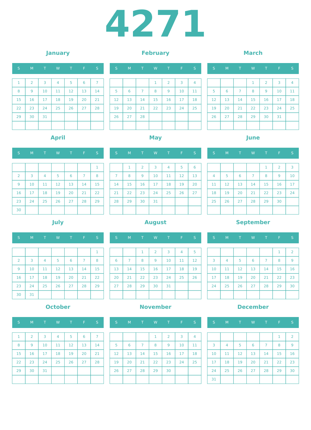 Printable 4271 Year Calendars verdigris