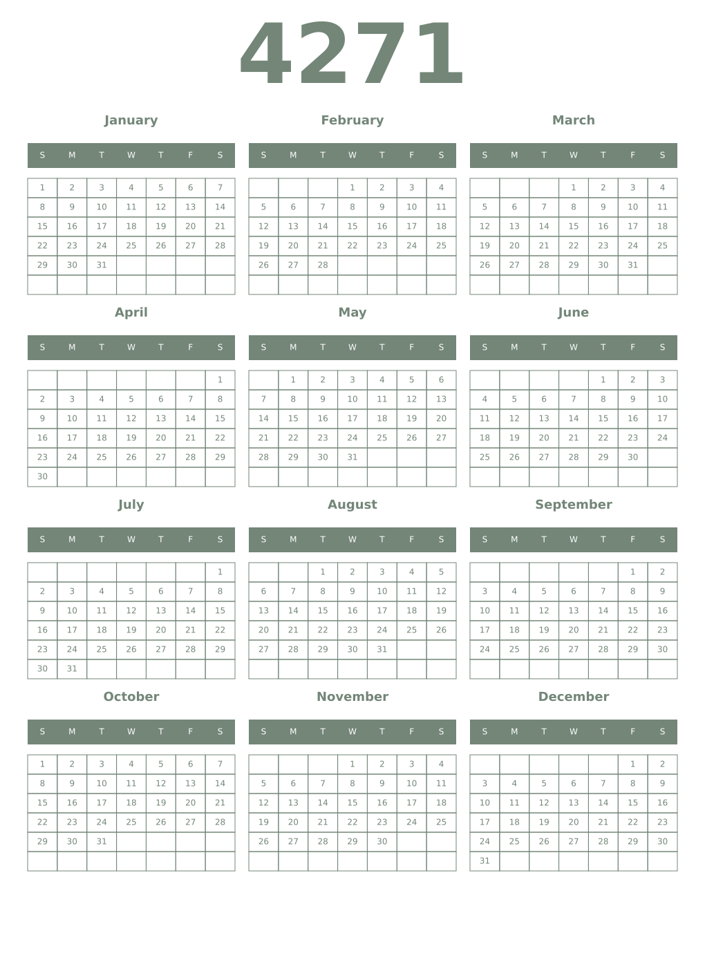 Printable 4271 Year Calendars xanadu
