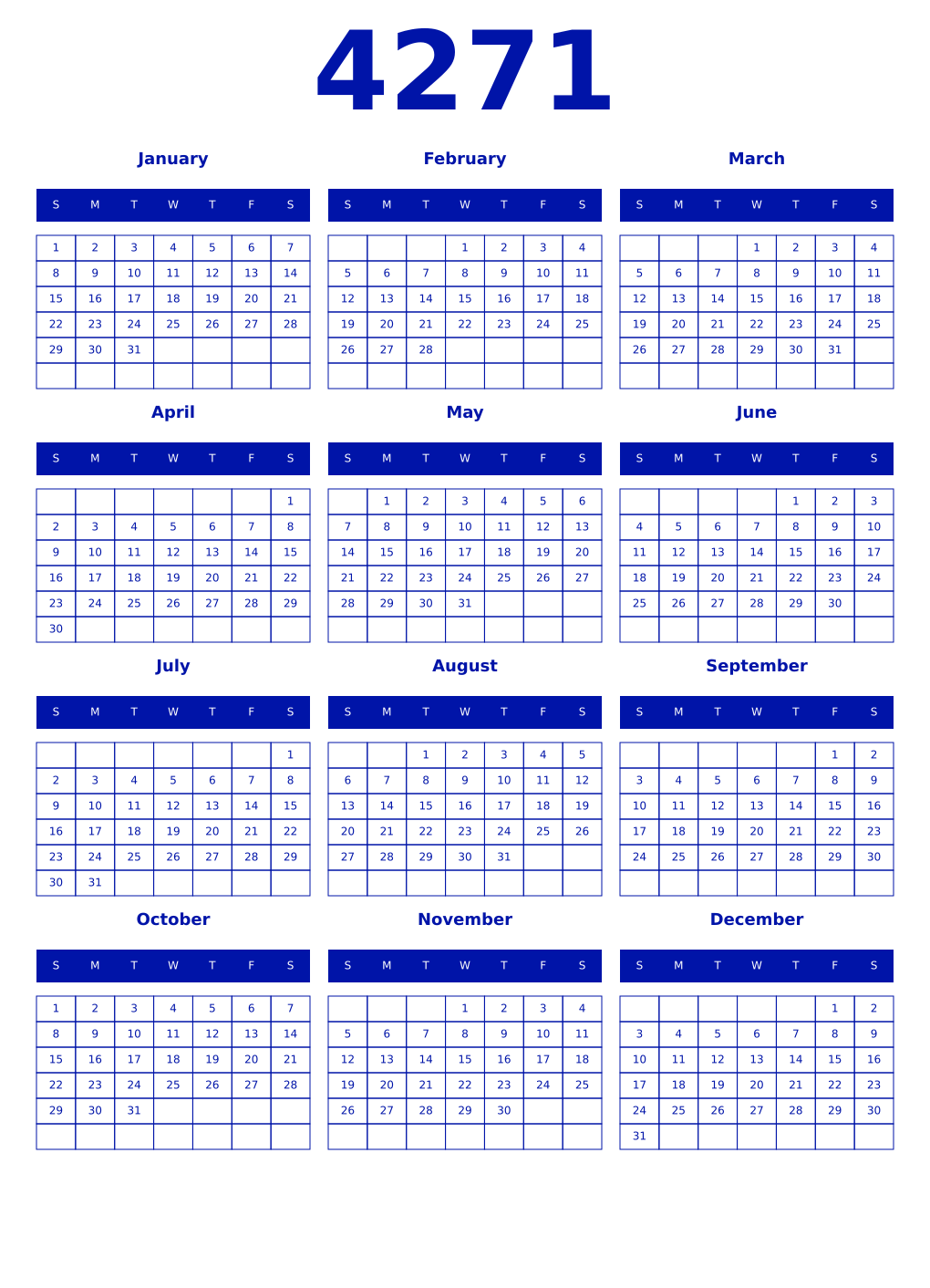 Printable 4271 Year Calendars zaffre