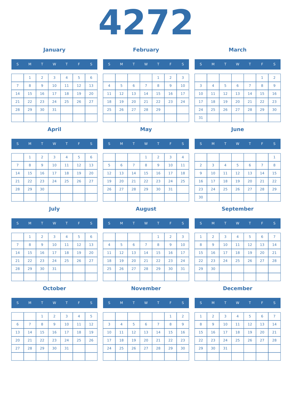 Printable 4272 Year Calendars blue