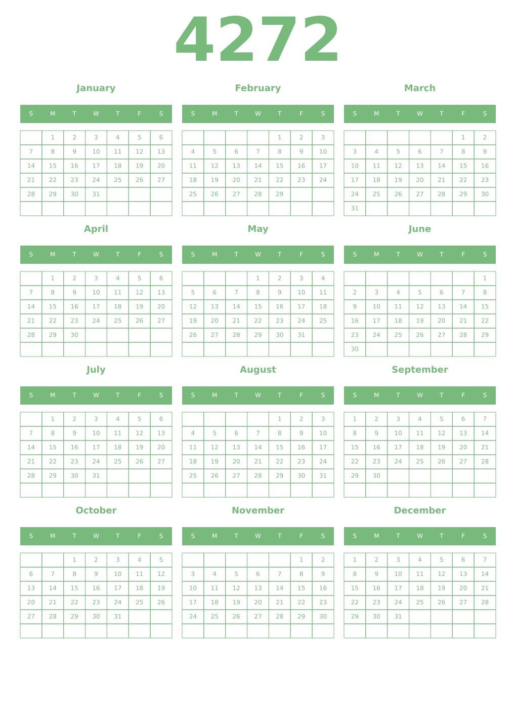Printable 4272 Year Calendars celadon