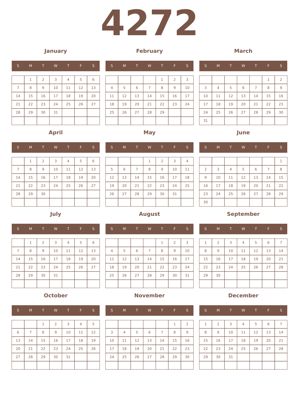 Printable 4272 Year Calendars coffe