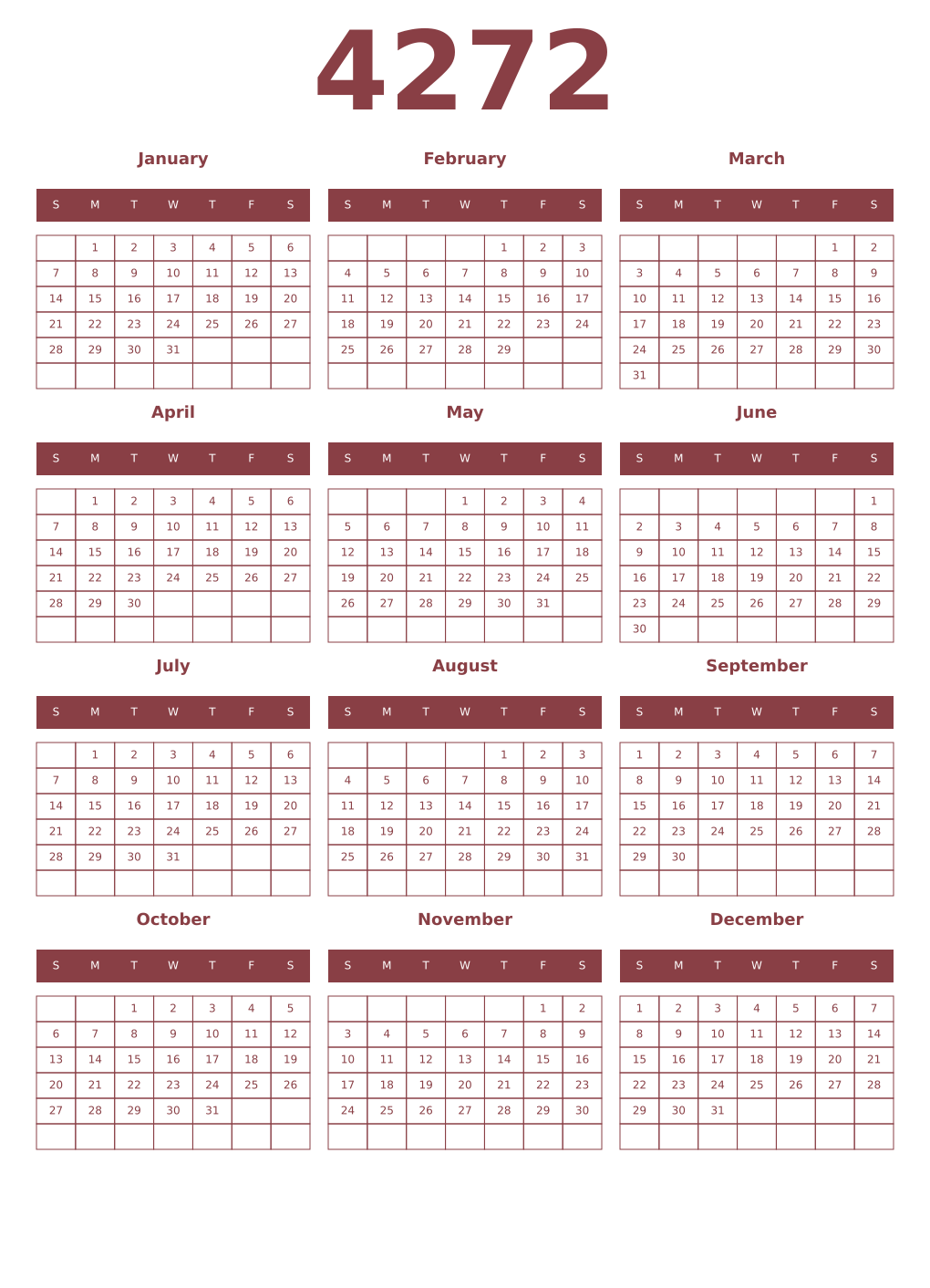 Printable 4272 Year Calendars cordovan