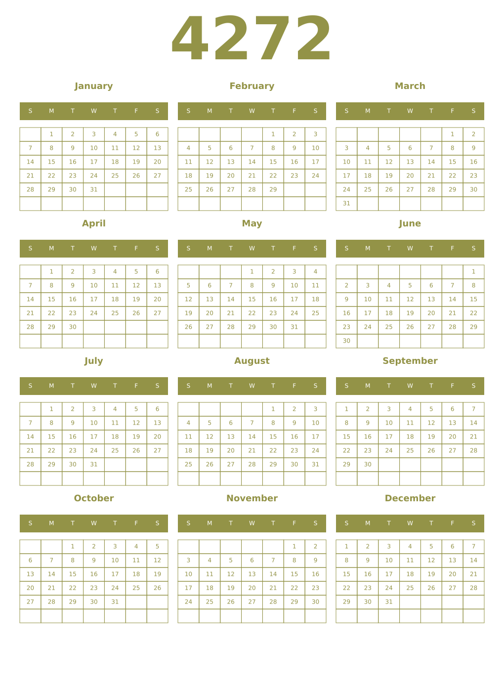 Printable 4272 Year Calendars eburnean