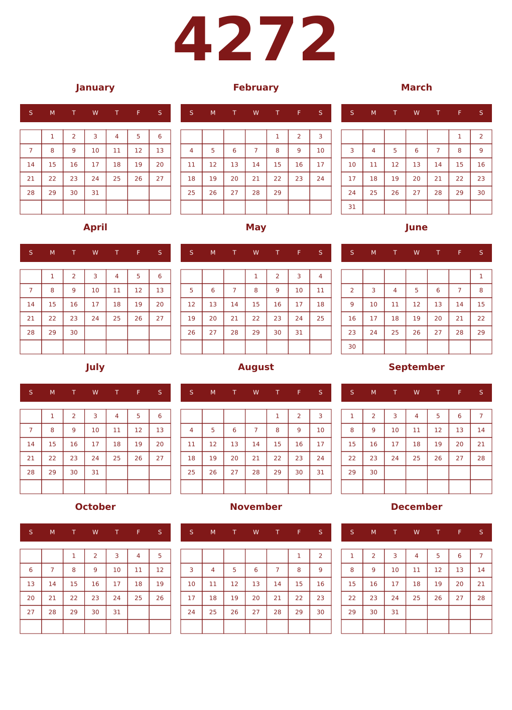 Printable 4272 Year Calendars falu