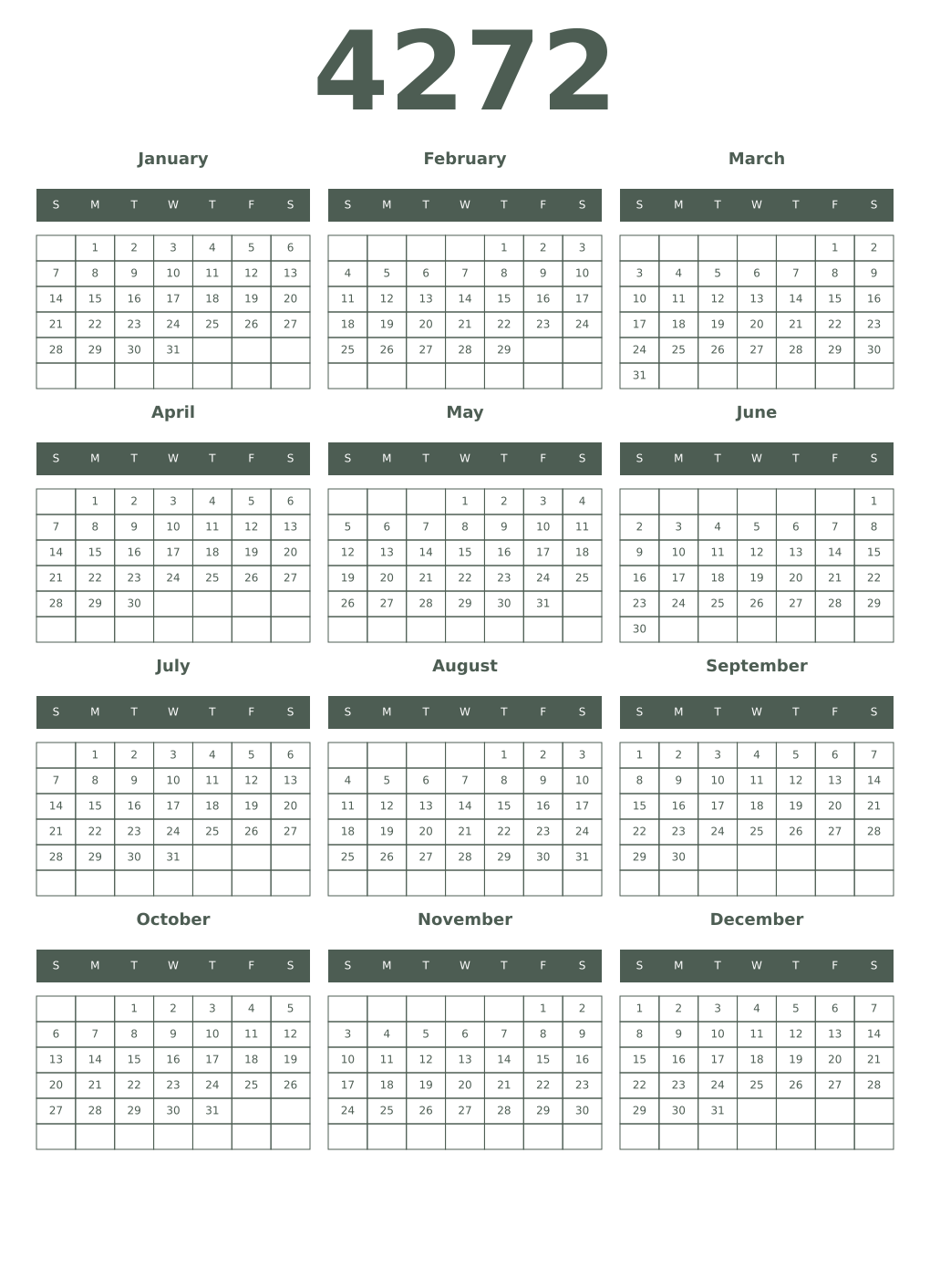 Printable 4272 Year Calendars feldgrau