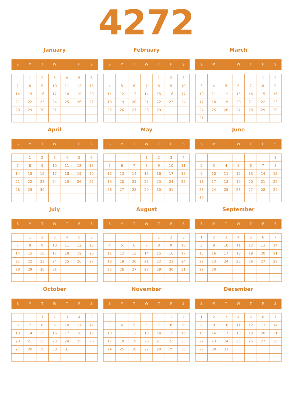 Printable 4272 Year Calendars orange