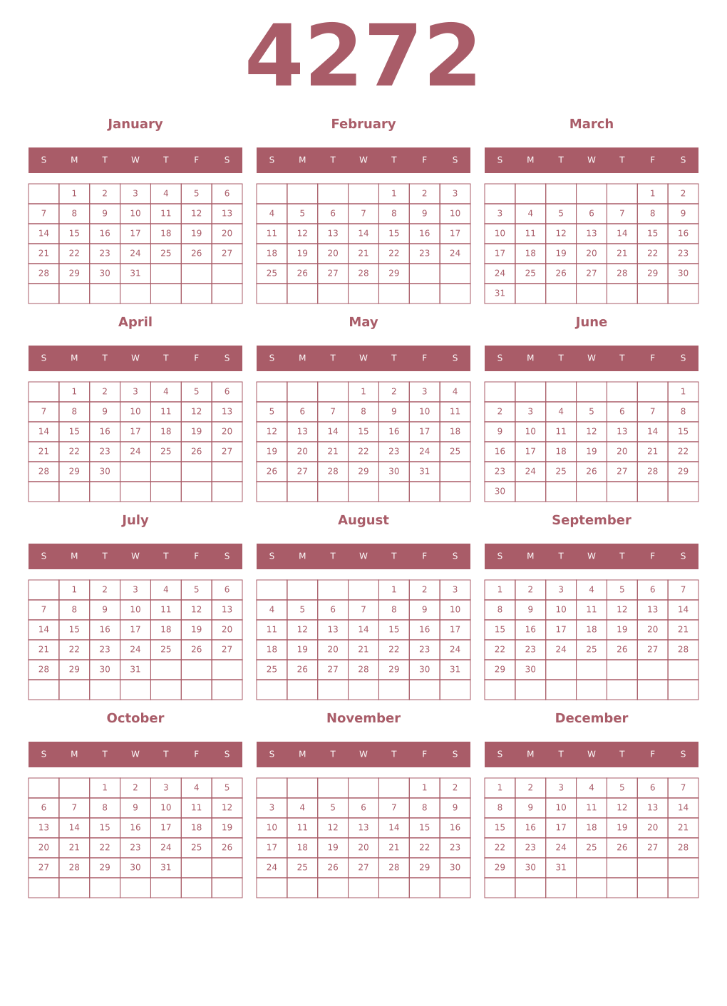 Printable 4272 Year Calendars puce