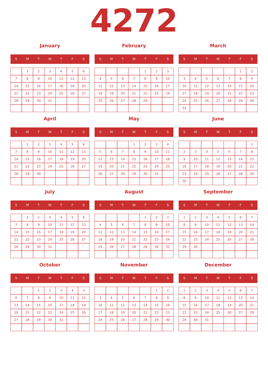 Printable 4272 Year Calendars red