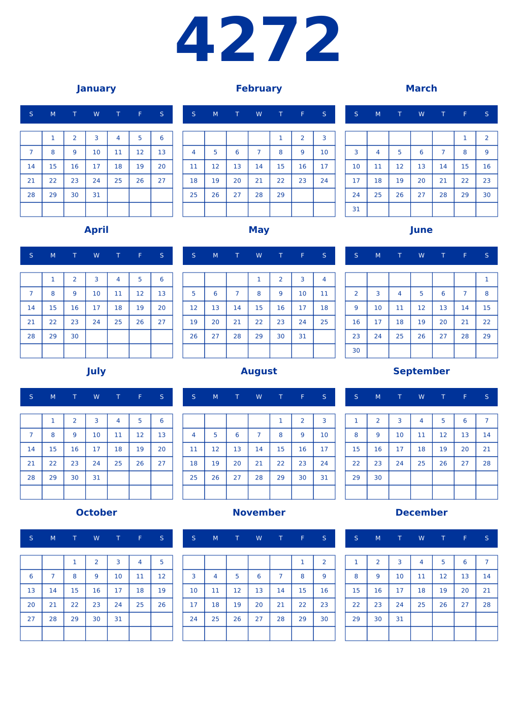 Printable 4272 Year Calendars smalt