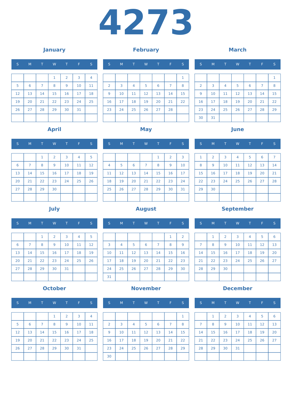 Printable 4273 Year Calendars blue