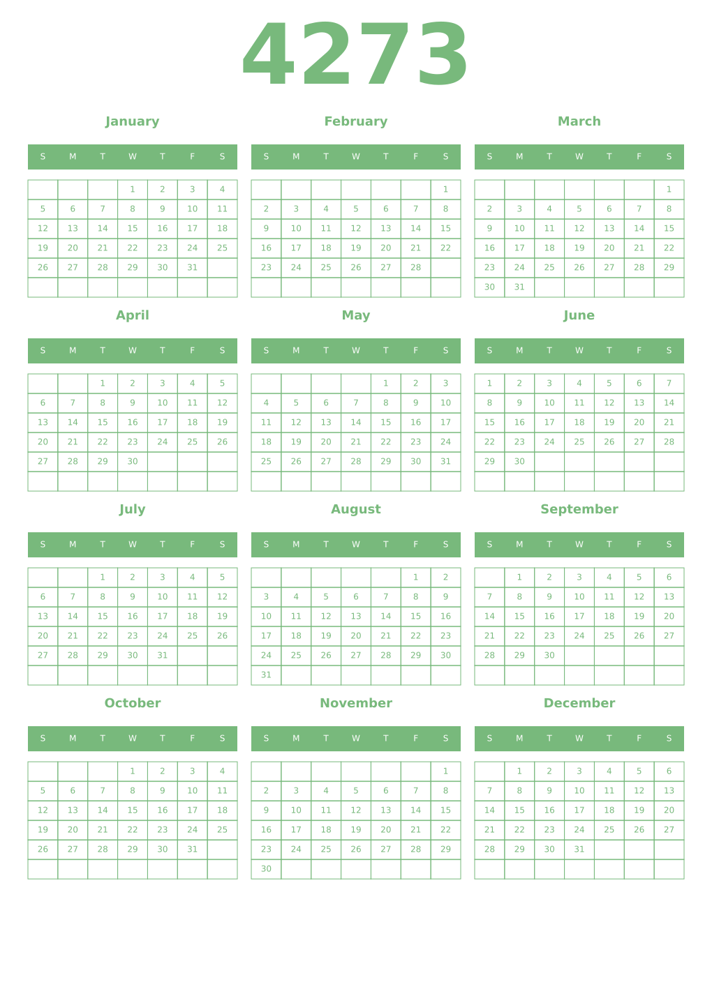 Printable 4273 Year Calendars celadon