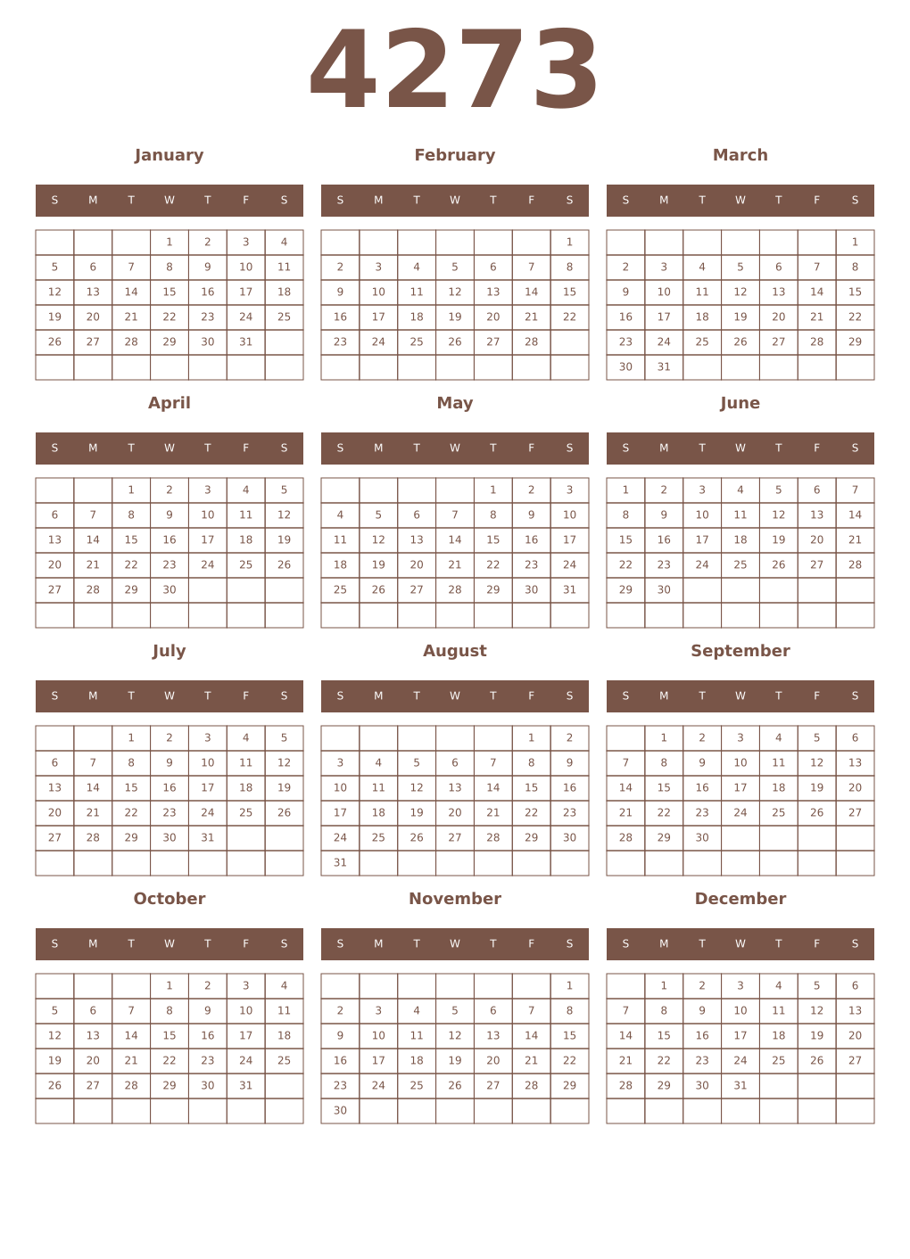 Printable 4273 Year Calendars coffe