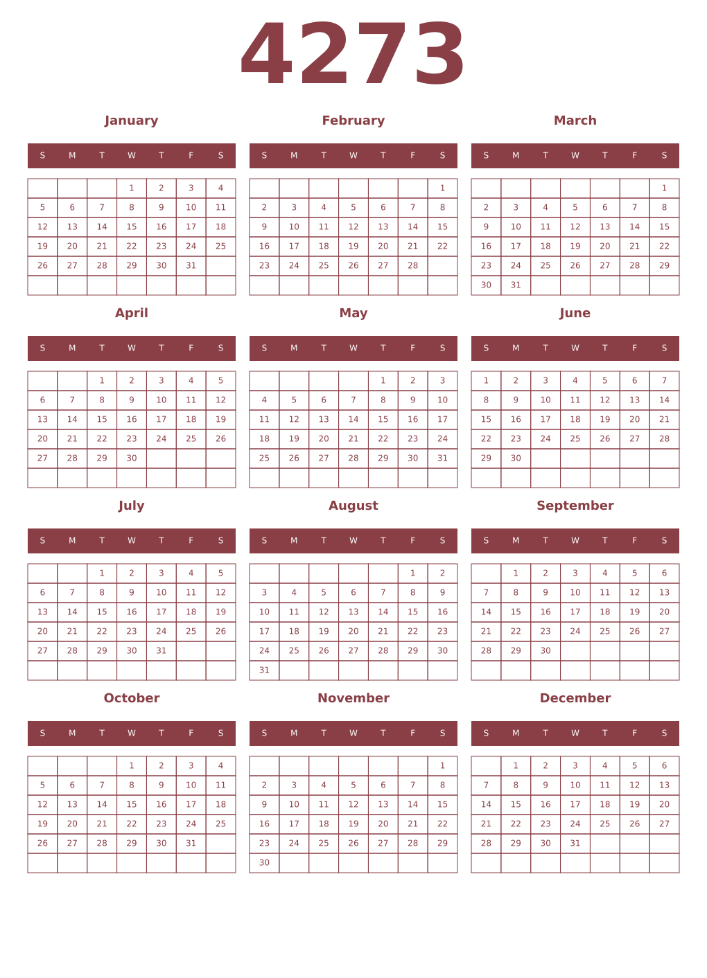 Printable 4273 Year Calendars cordovan