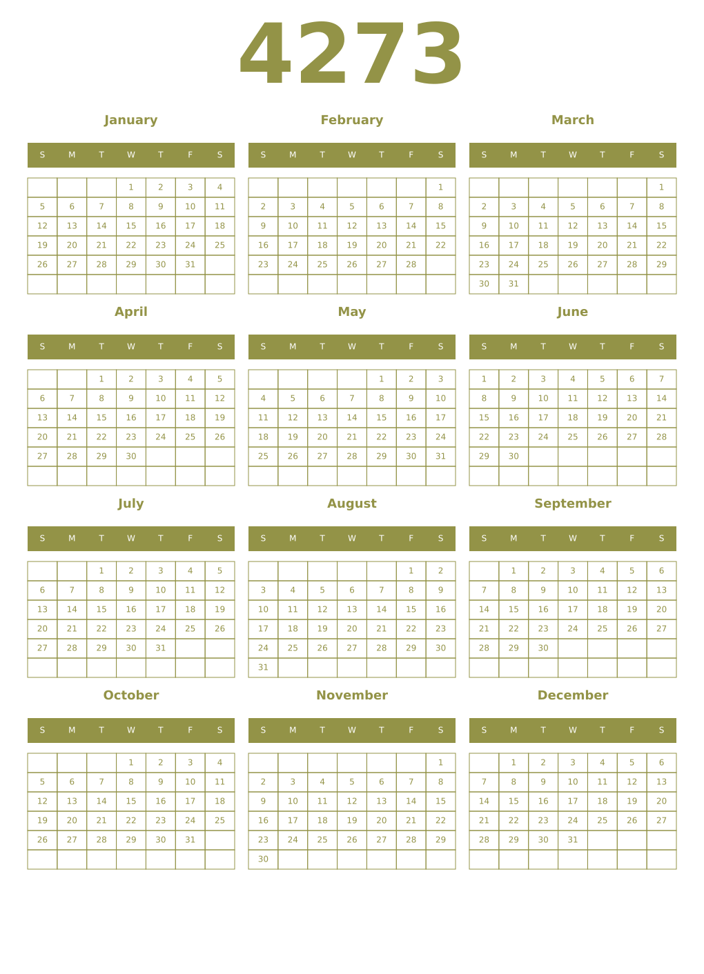 Printable 4273 Year Calendars eburnean