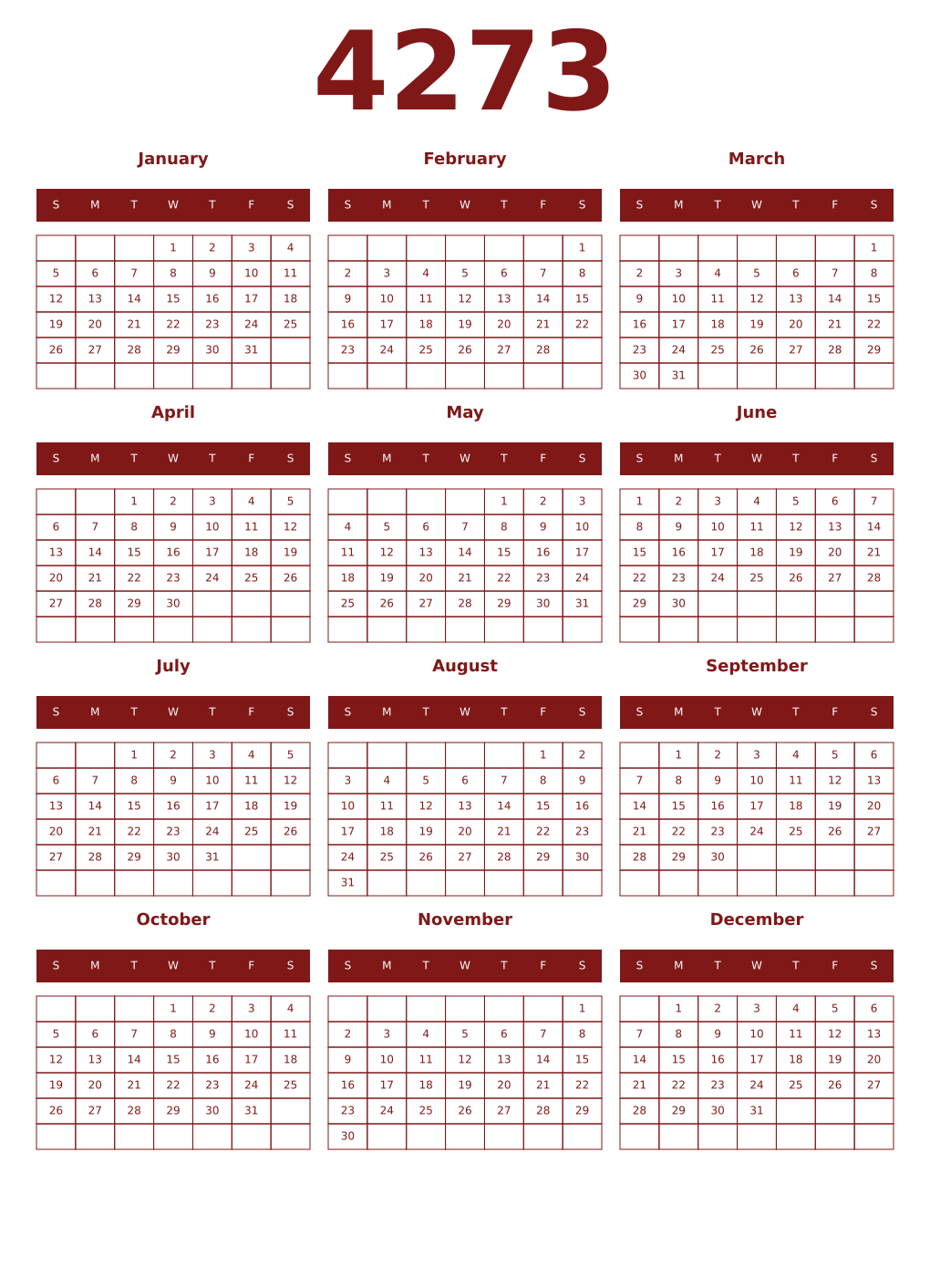 Printable 4273 Year Calendars falu