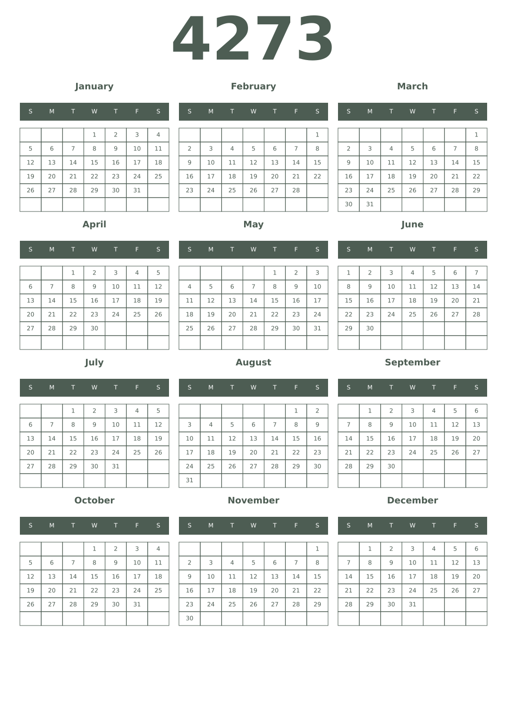 Printable 4273 Year Calendars feldgrau