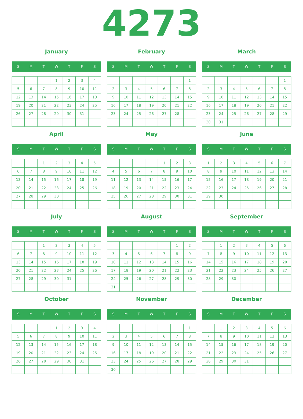 Printable 4273 Year Calendars green