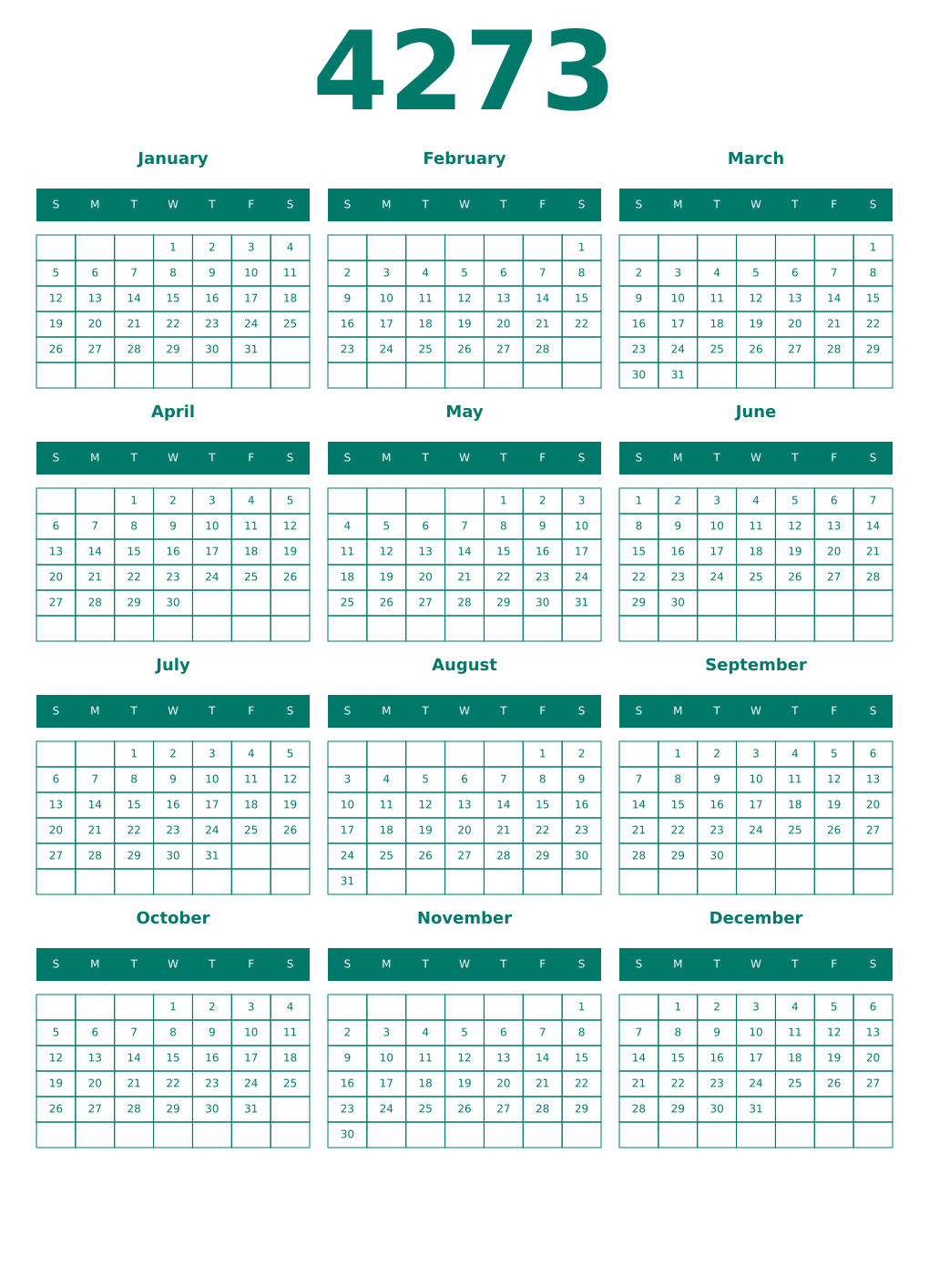 Printable 4273 Year Calendars pastel