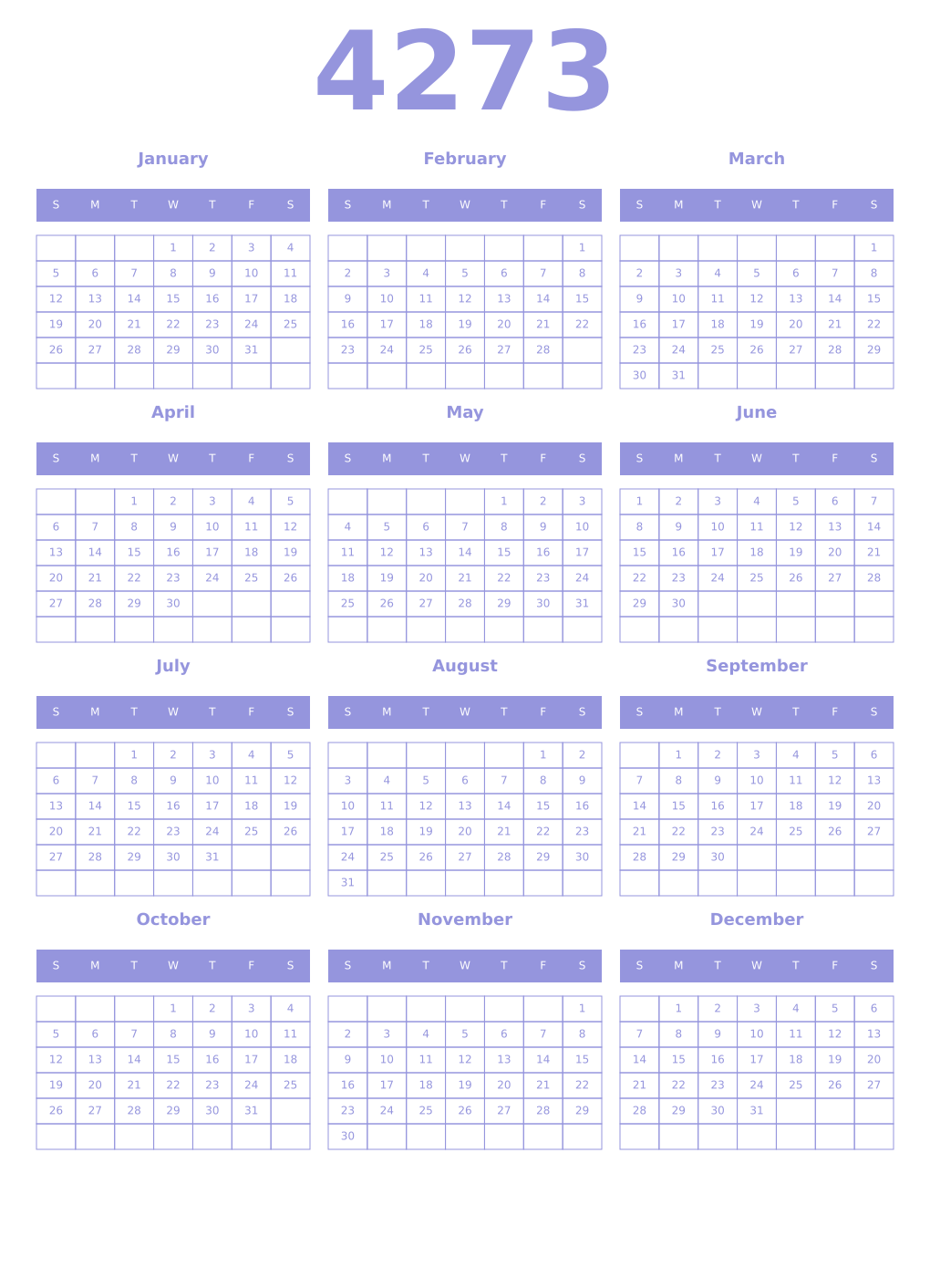 Printable 4273 Year Calendars periwinkle