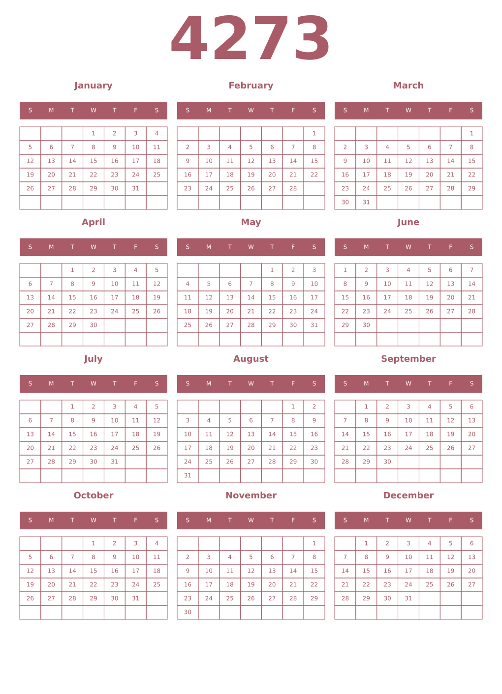 Printable 4273 Year Calendars puce
