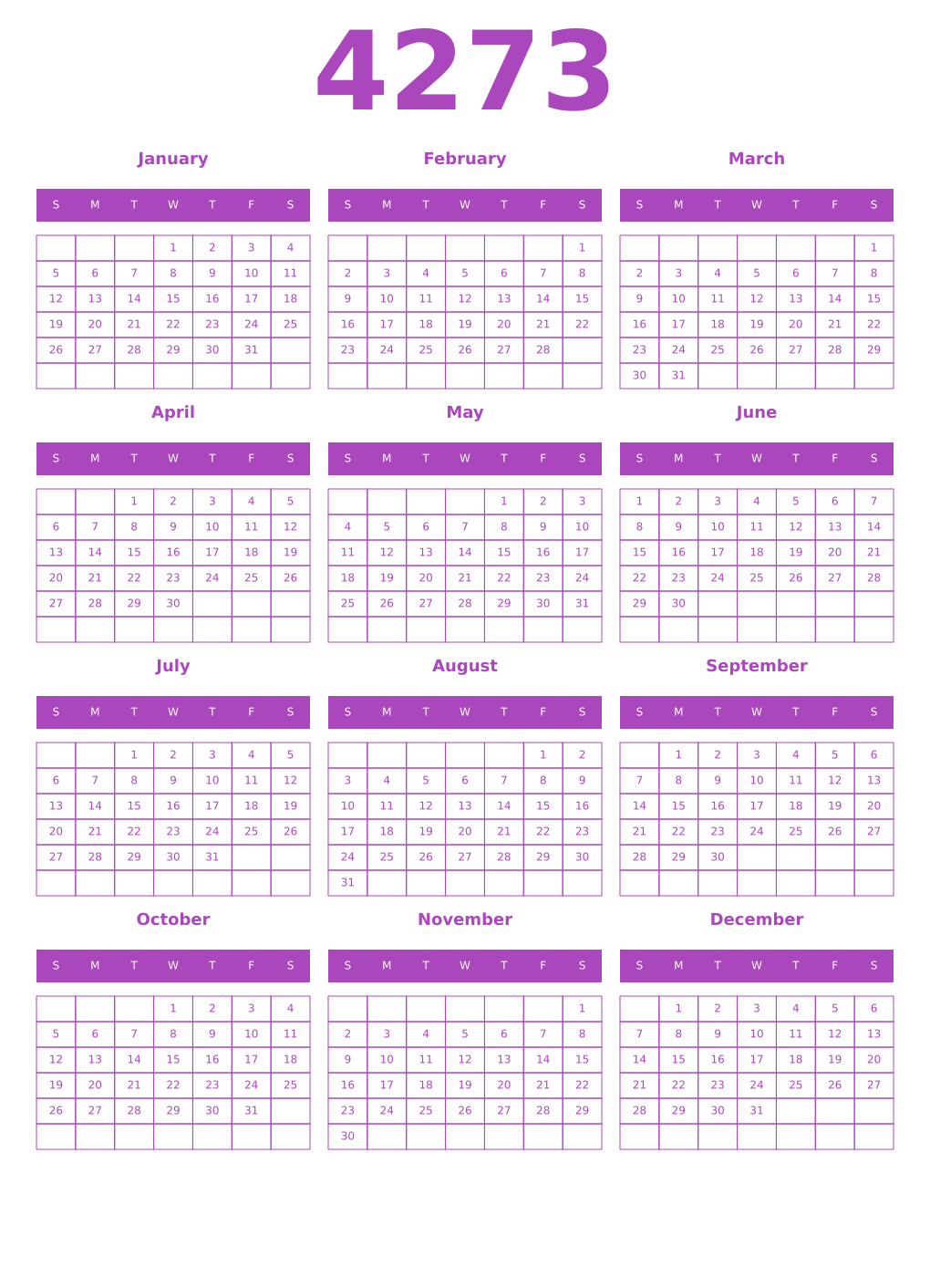 Printable 4273 Year Calendars purple