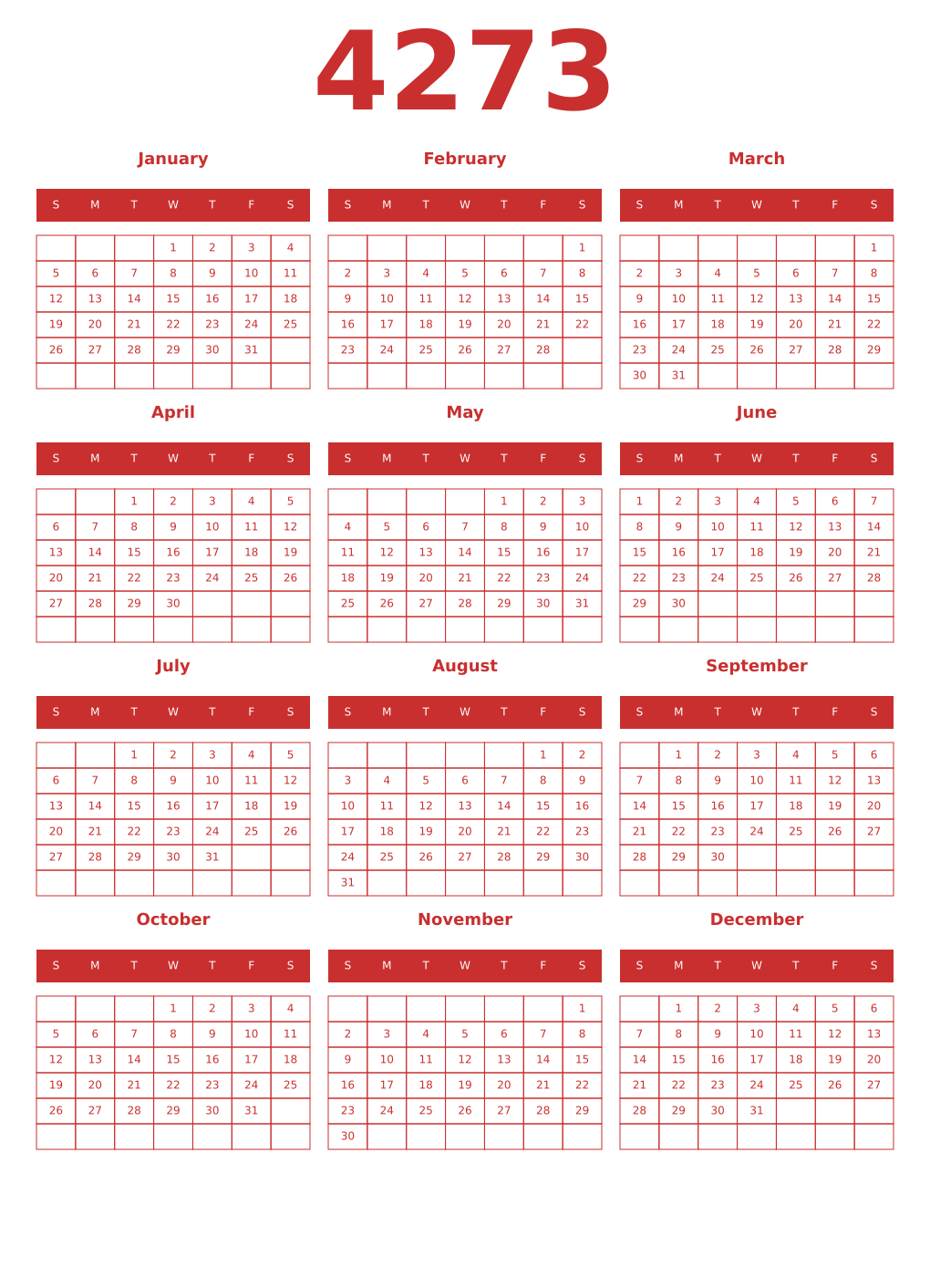 Printable 4273 Year Calendars red