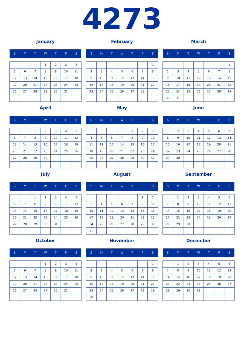 Printable 4273 Year Calendars smalt