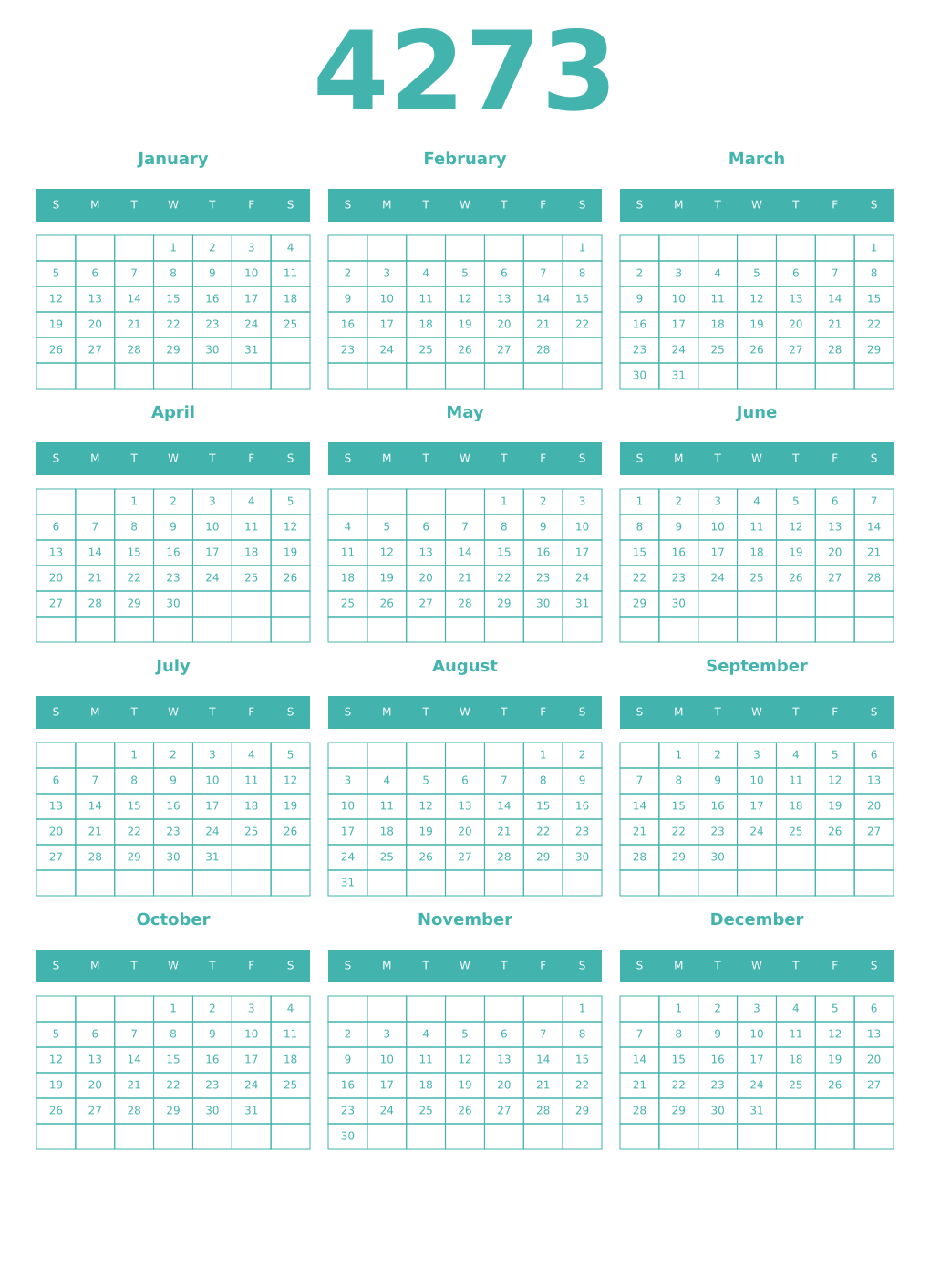 Printable 4273 Year Calendars verdigris