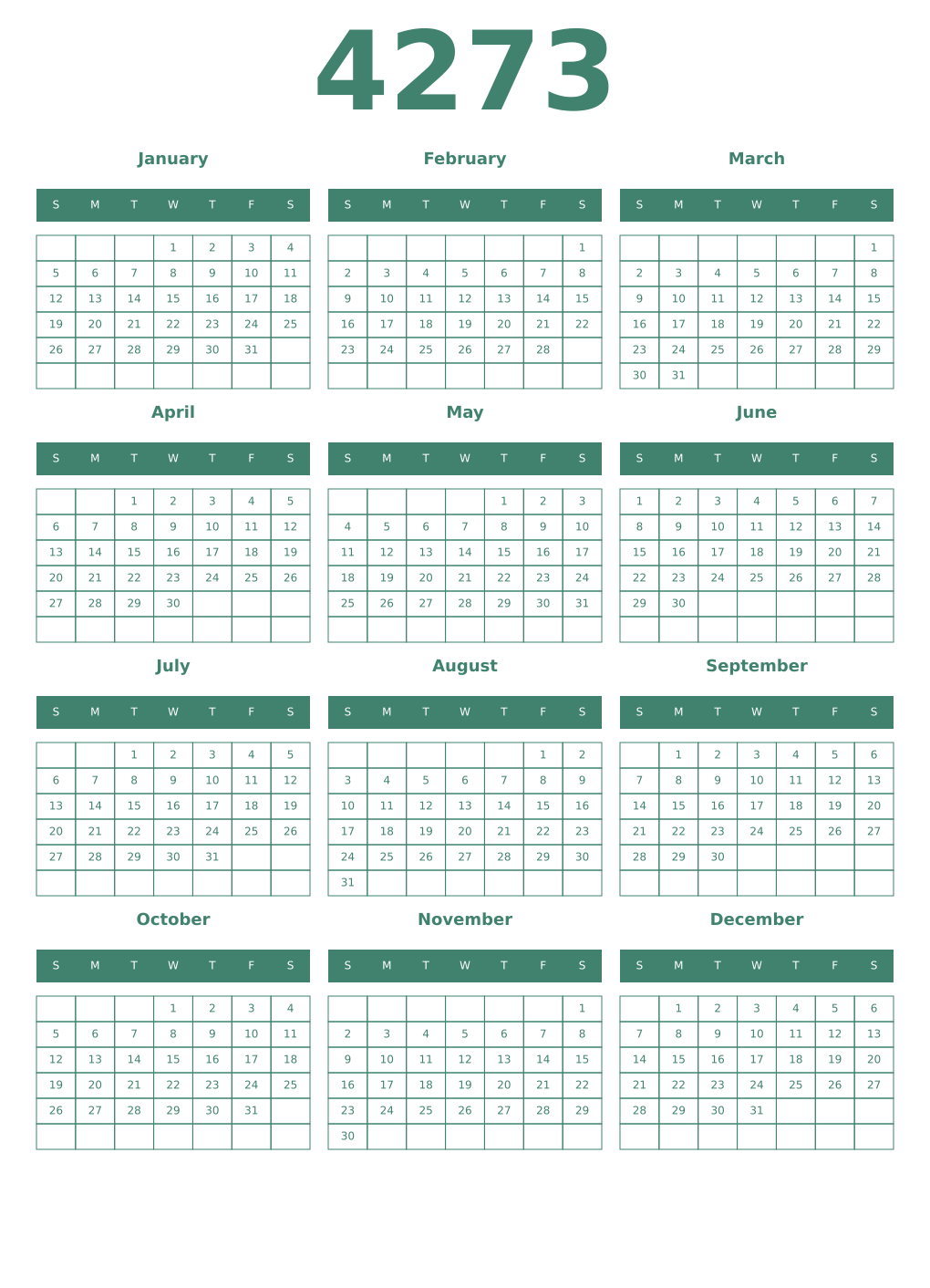 Printable 4273 Year Calendars viridian
