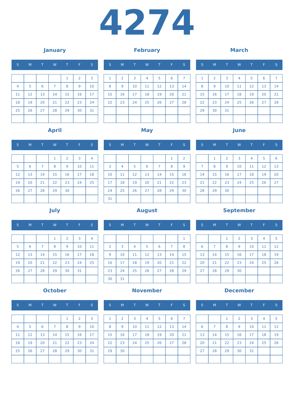 Printable 4274 Year Calendars blue