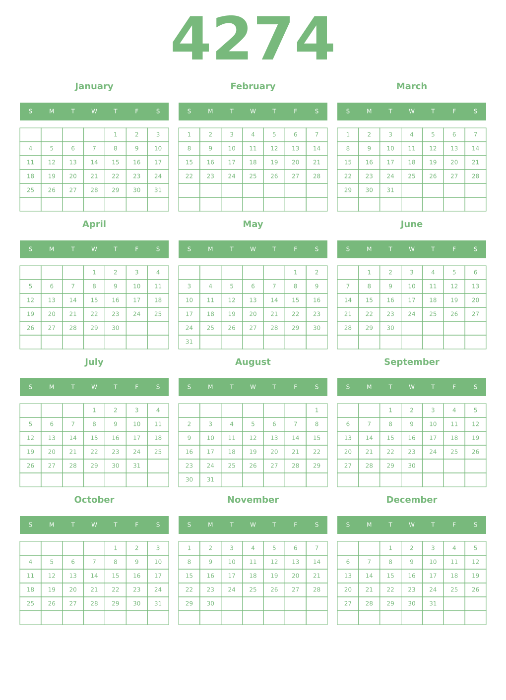 Printable 4274 Year Calendars celadon
