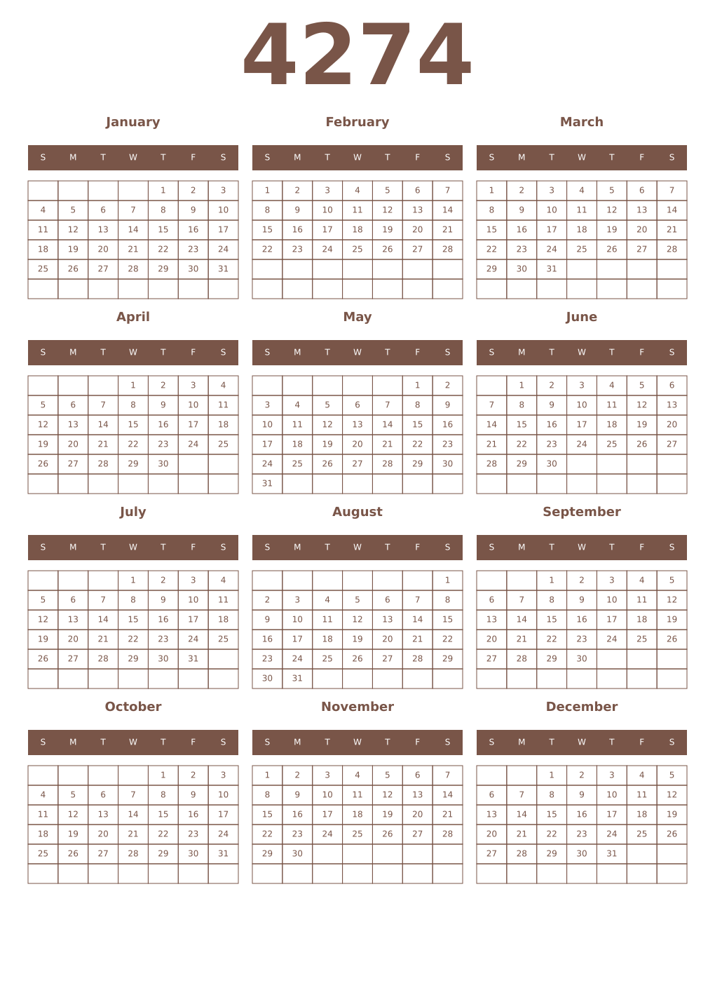 Printable 4274 Year Calendars coffe