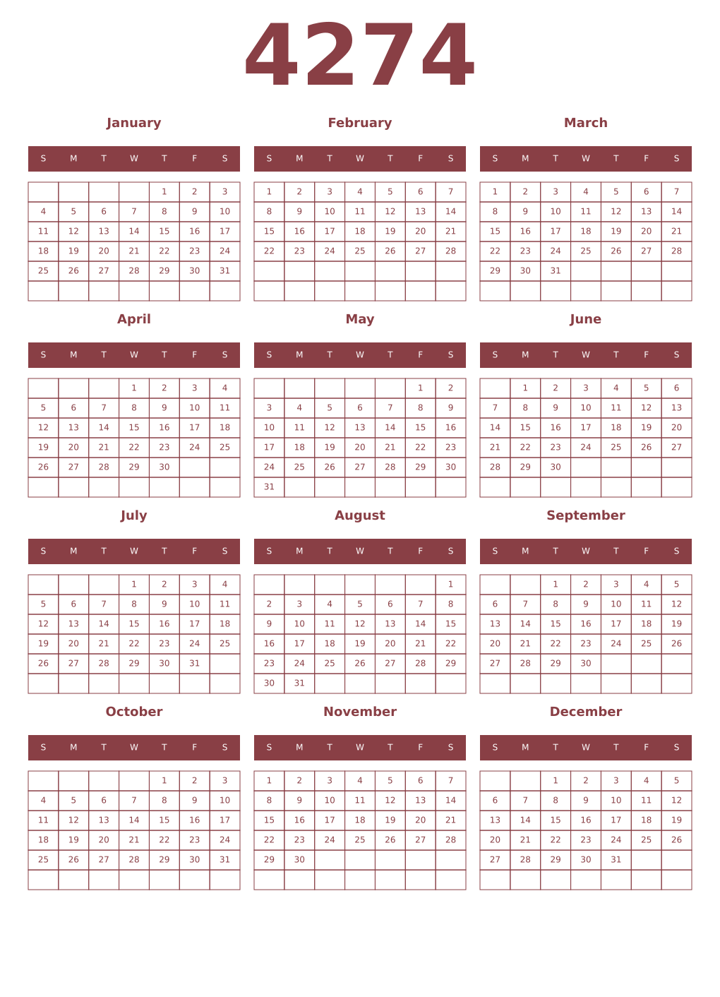 Printable 4274 Year Calendars cordovan