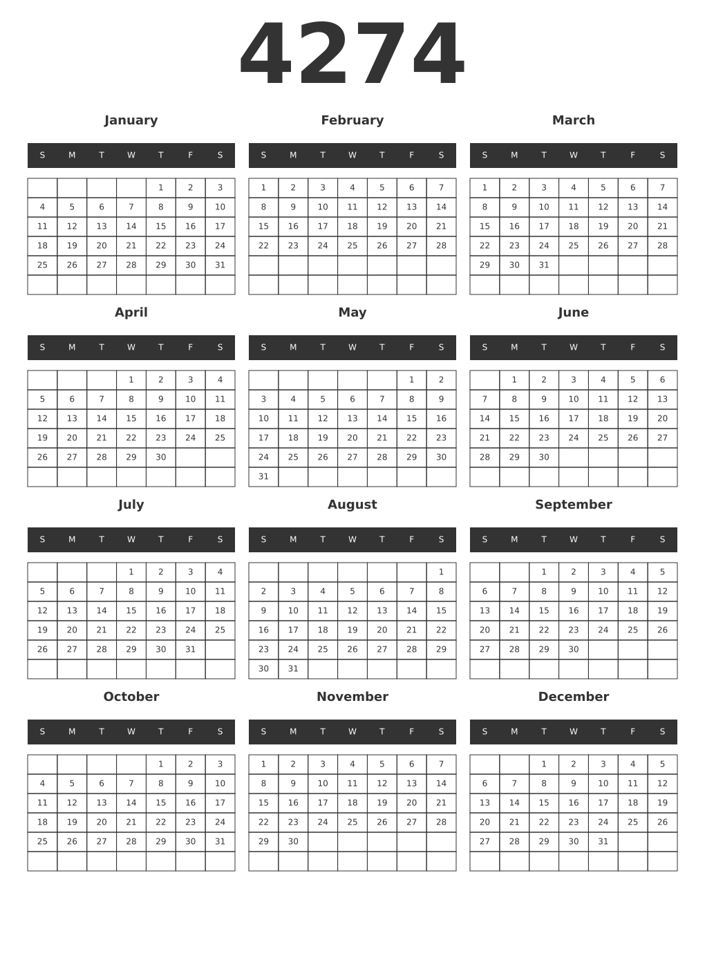 Printable 4274 Year Calendars dark