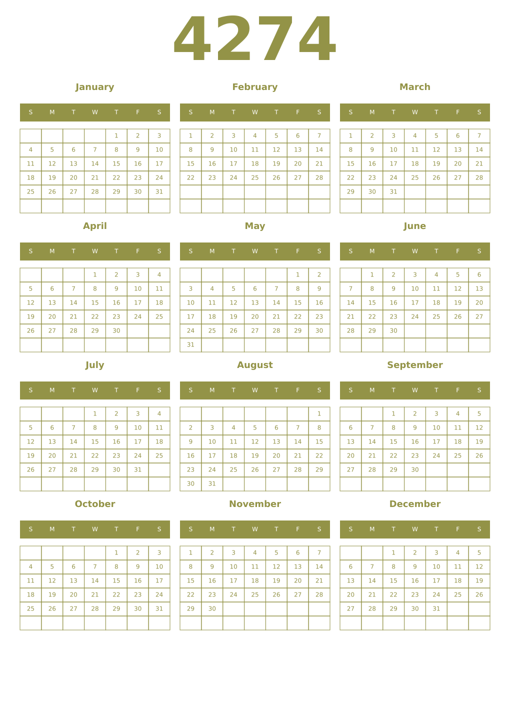 Printable 4274 Year Calendars eburnean