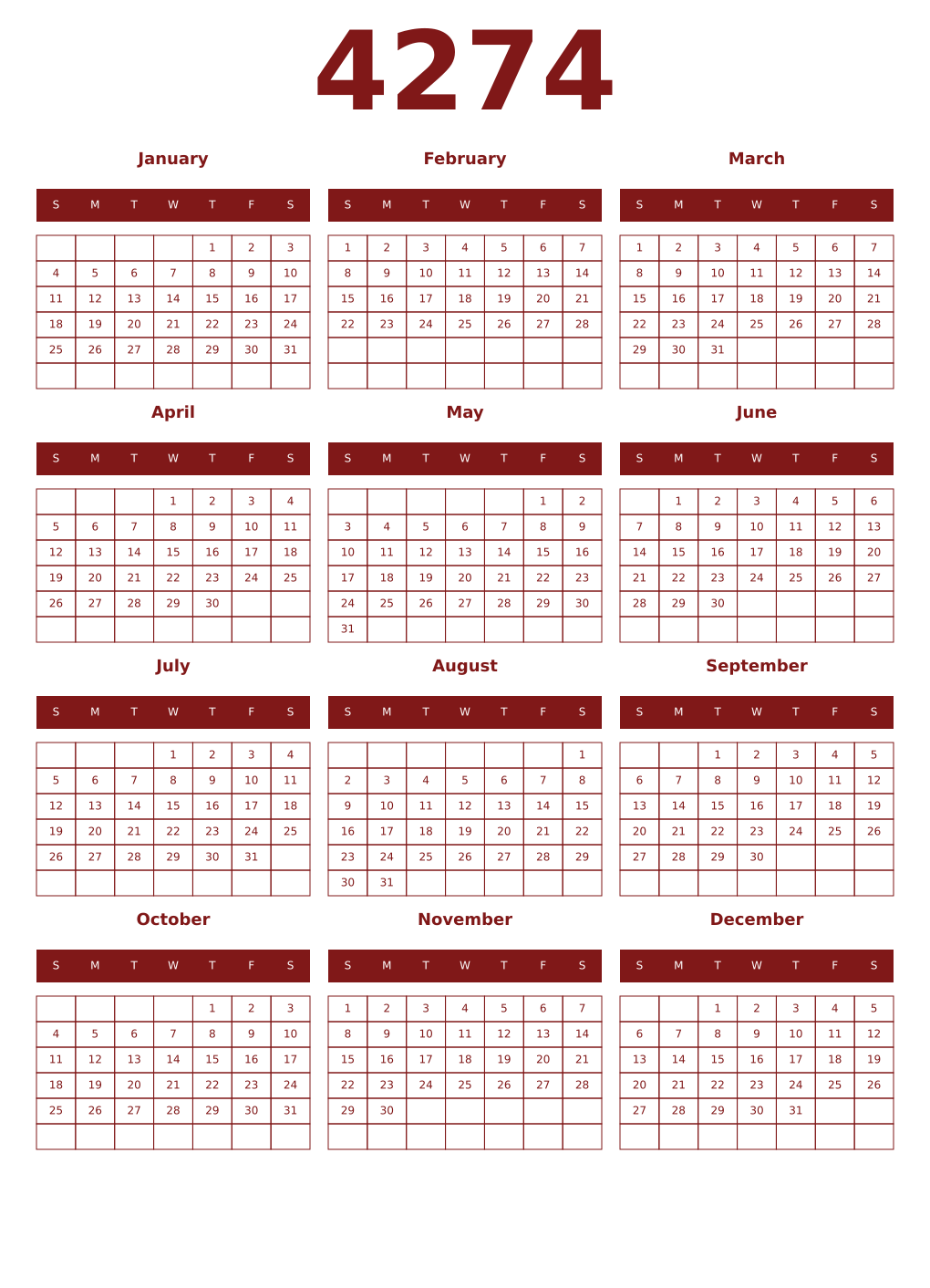 Printable 4274 Year Calendars falu