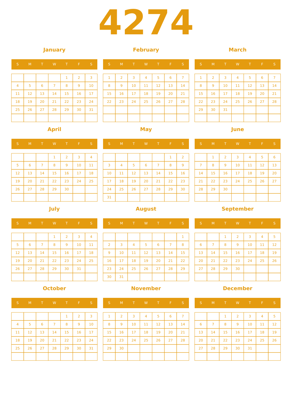 Printable 4274 Year Calendars gamboge